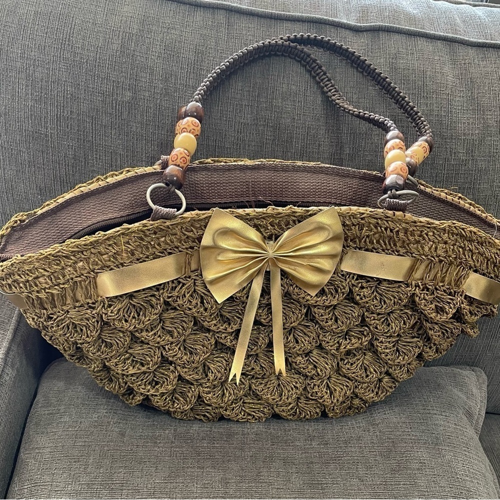Unbranded Elegant olive greenMetallic Gold Woven Women's straw Beach bag